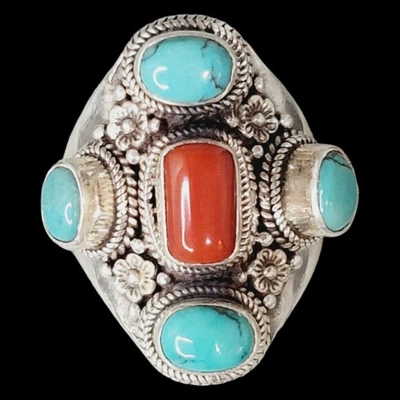 Heavy Native American Turquoise Coral Sterling Silver Ring 9 Adjustable 13.27g - Picture 5 of 11